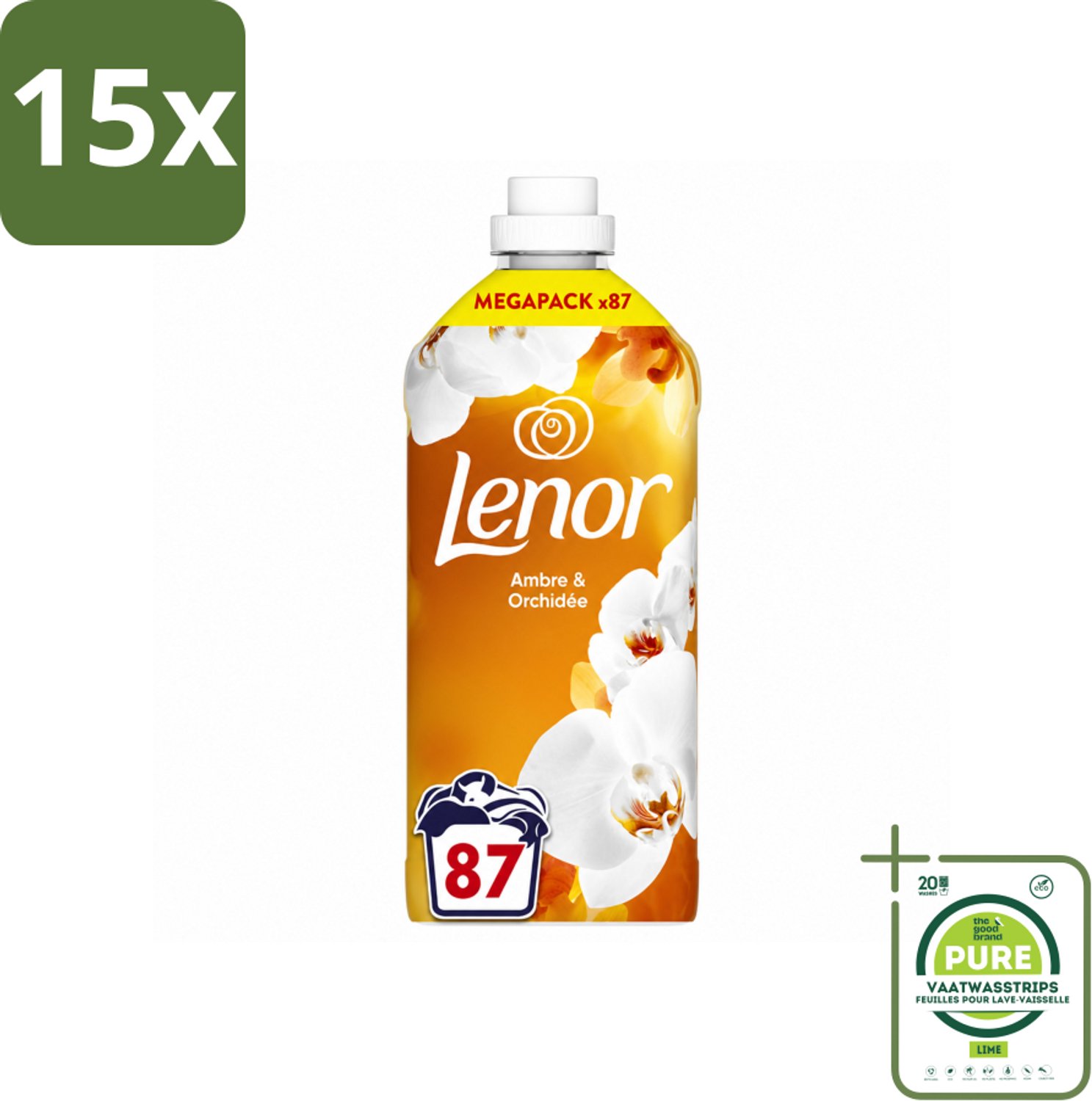 15 x Lenor - Wasverzachter - Amber & Orchidee - Fris & Zacht - 87 Wasbeurten - Grootverpakking - Vaatwasstrips - Wasverzachter - Geur - Frisheid - Ontspanning - Wasgeur