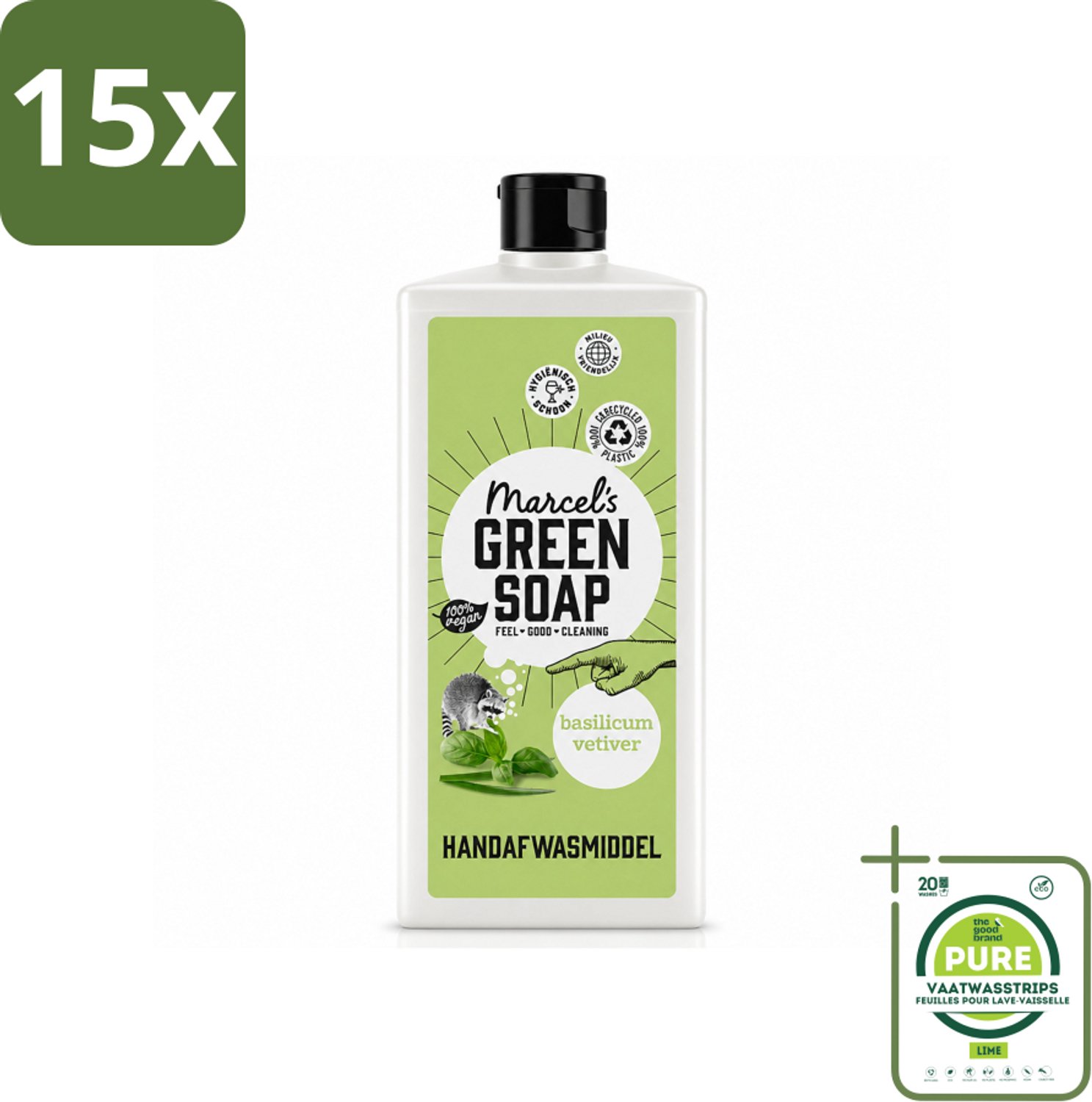 15 x Marcel's Green Soap - Afwasmiddel - Basilicum & Vetiver Gras - Plantaardig & duurzaam - 500 ml - Grootverpakking - Vaatwasstrips - Afwasmiddel - Plantaardig Afwasmiddel - Zachte Afwas - Milieuvriendelijke Afwas - Basiliumpet