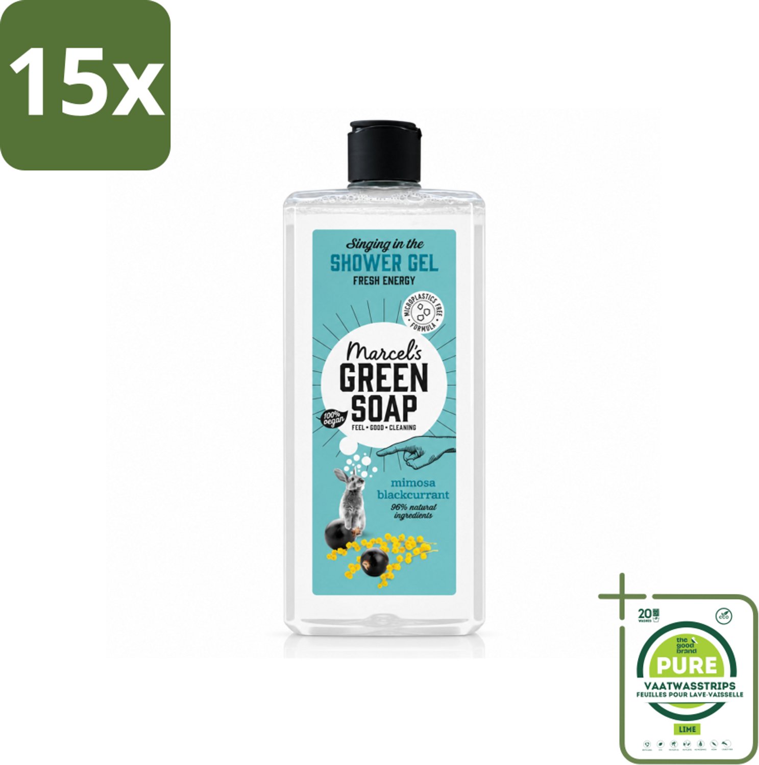 15 x Marcel's Green Soap - Douchegel - Mimosa & Zwarte Bes - Verzorgend & zacht - 300 ml - Grootverpakking - Vaatwasstrips - Douchegel - Natuurlijke Douchegel - Ecologische Douchegel - Vegan Douchegel - Mimosa Douchegel