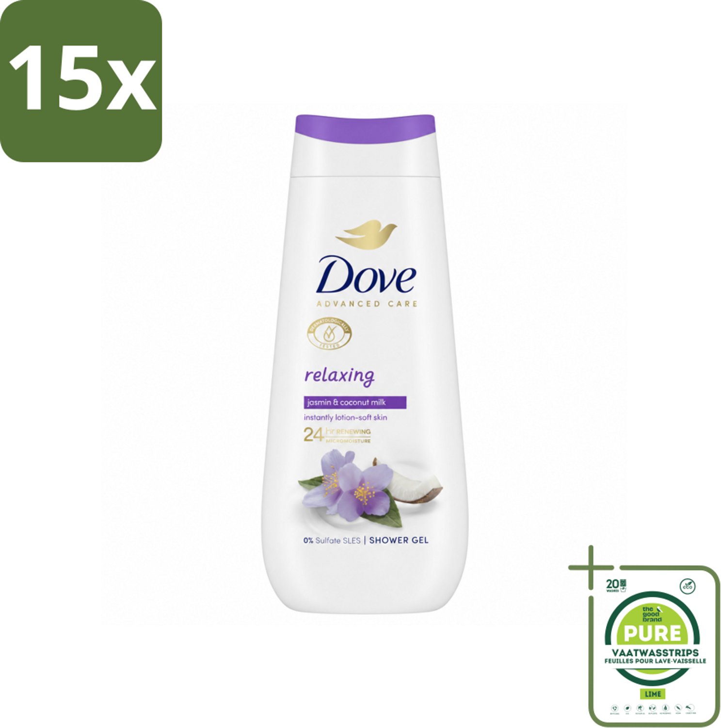 15 x Dove Douchecrème - Relaxing - Kokos & Jasmijn - 225 ml - Grootverpakking - Vaatwasstrips - Douchegel - Ontspannen Douche - Huid Verzorging - Hydratatie - Jasmijn Geur