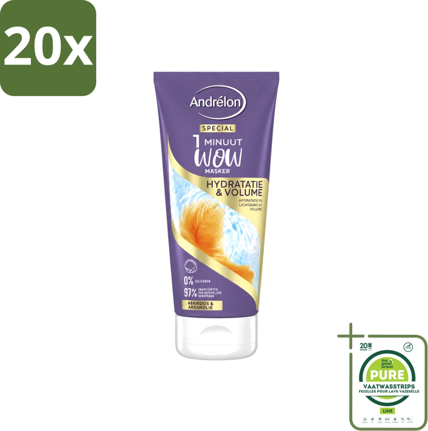 20 x Andrélon - WOW - 1 Minuut Masker - Hydratatie & Volume - 180 ml - Grootverpakking - Vaatwasstrips - 1 Minuut Masker - Hydratatie Haar - Volume Haar - Fijn Haar Verzorging - Luchtig Haar
