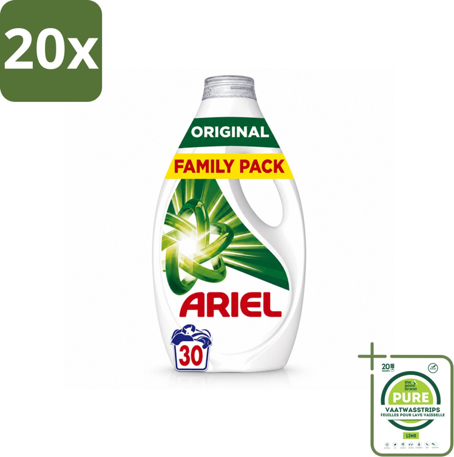 20 x Ariel - Vloeibaar Wasmiddel - Original - 30 Wasbeurten - 1350 ml - Grootverpakking - Vaatwasstrips - Wasmiddel - Vlekverwijdering - Koud Wassen - Frisse Geur - Ariel