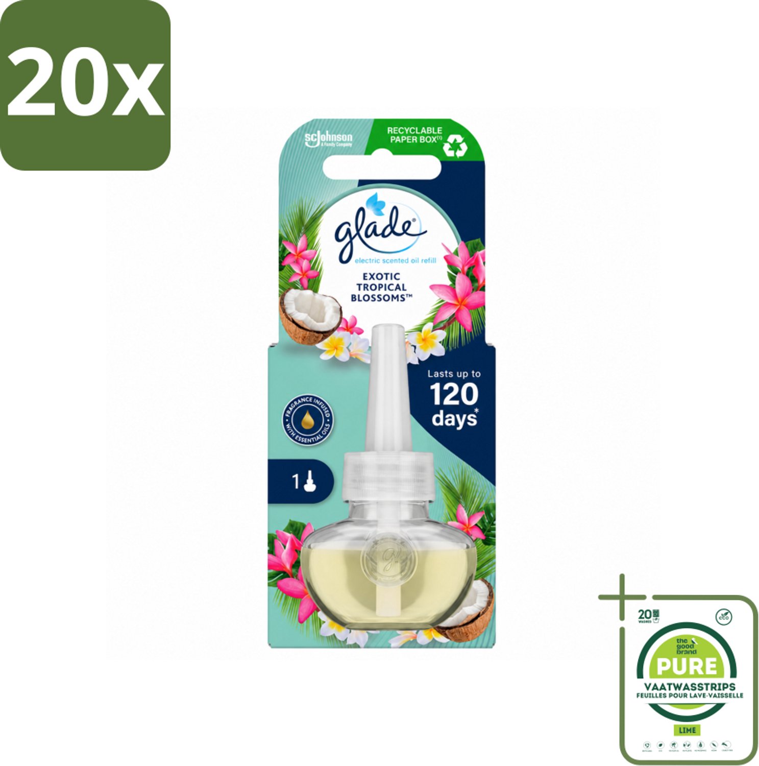 20 x Glade - Navulling Elektrische Olie - Exotic Tropical Blossoms - Zonder Houder - Grootverpakking - Vaatwasstrips - Tropische Geur - Monoi Olie - Exotische Bloemen - Kokosmelk - Geurhoudend