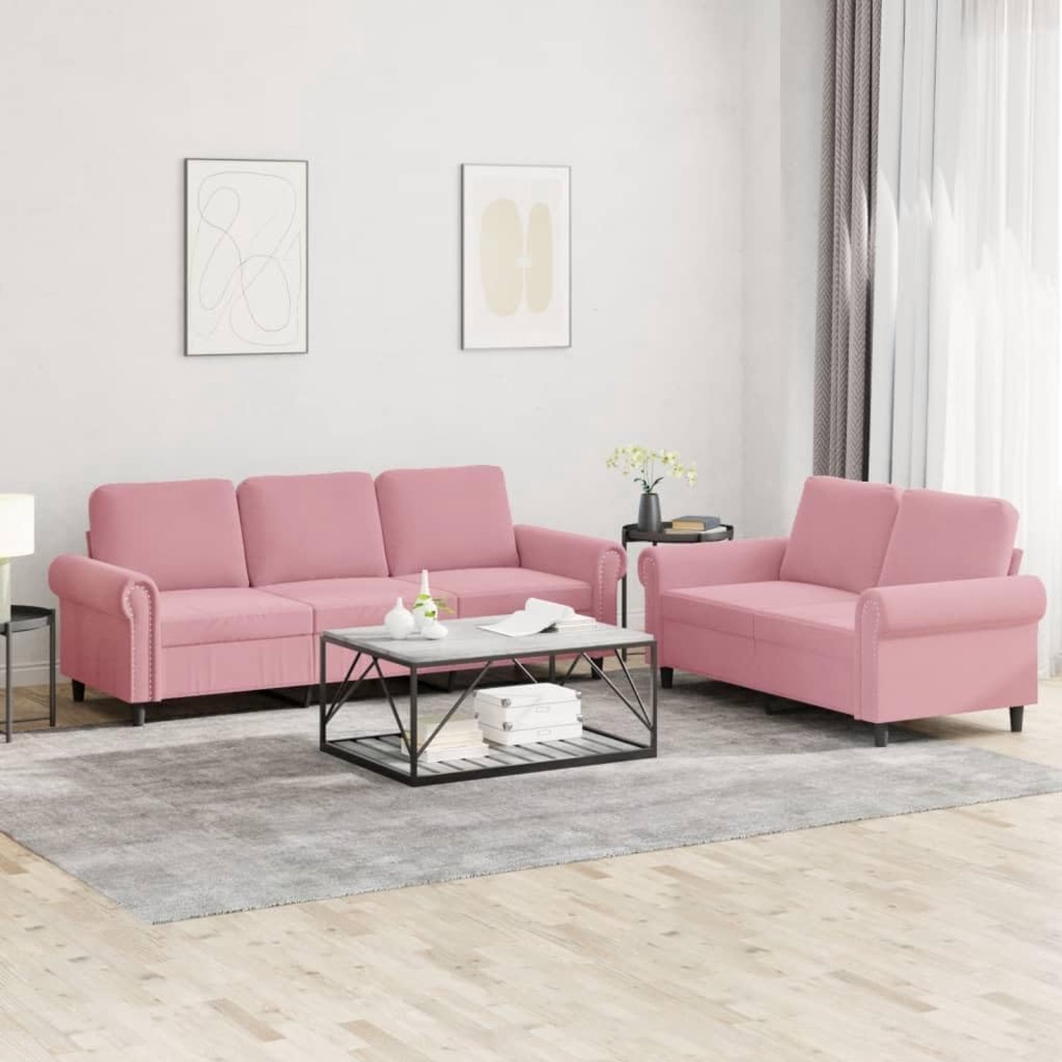 2-delige sofaset met kussen, roze fluweel, zachte velours sofa set met bekleding, robuust metalen frame en multiplex frame voor stabiliteit, comfortabele zitgroep