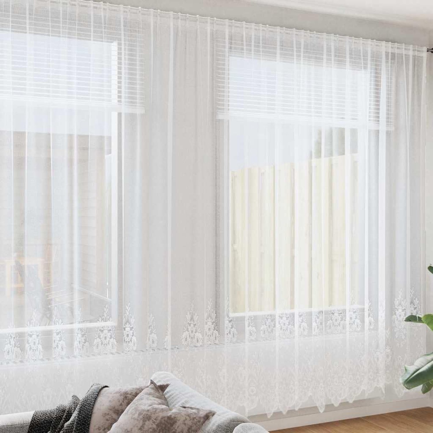 Bloemengordijn van kant, wit, 300 x 600 cm, polyester met S-rail en handmatig openingssysteem voor stijlvolle raamdecoratie en effectieve inkijkbescherming