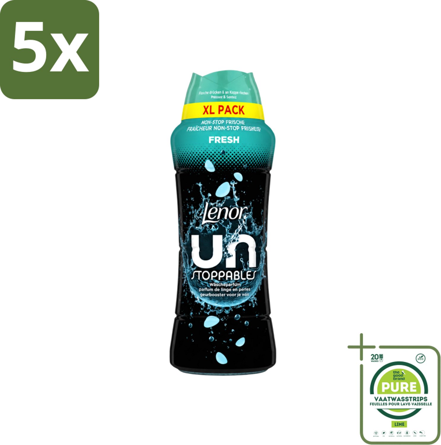 5 x Lenor Unstoppables - Geurbooster - Fris - Non-Stop Frisheid - Grootverpakking - Grootverpakking - Vaatwasstrips - Geurbooster - Frisheid - Wasgeur - Citrusgeur - Fruitgeur