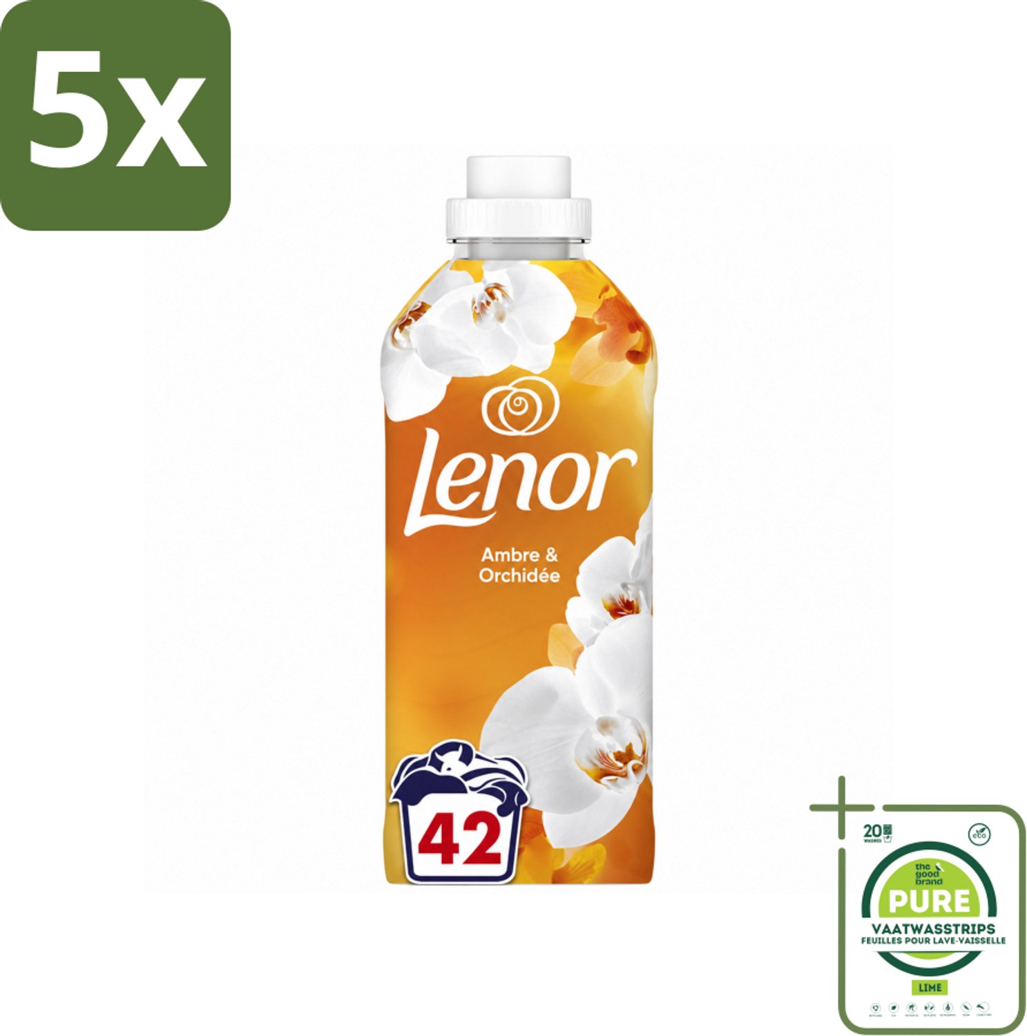 5 x Lenor - Wasverzachter - Amber & Orchidee - Fris & Zacht - 42 Wasbeurten - Grootverpakking - Vaatwasstrips - Wasverzachter - Geur - Ontspanning - Frisheid - Wasmachine