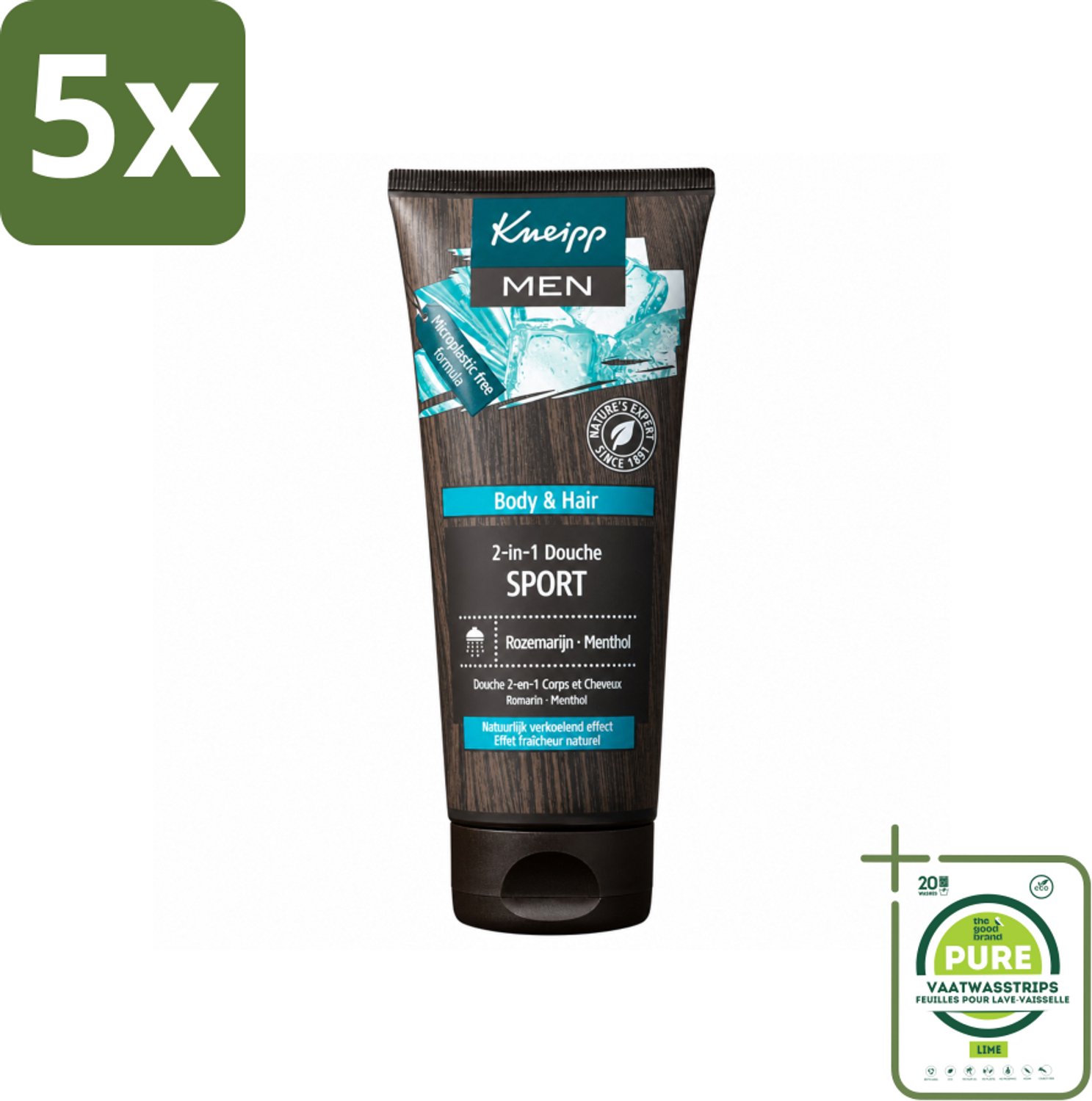 5 x Kneipp - Sport Douche 2‑in‑1 - Men - 200 ml - Grootverpakking - Vaatwasstrips - Sportdouche - Herstel Na Sporten - Verkoeling - Ontspanning - Menthol