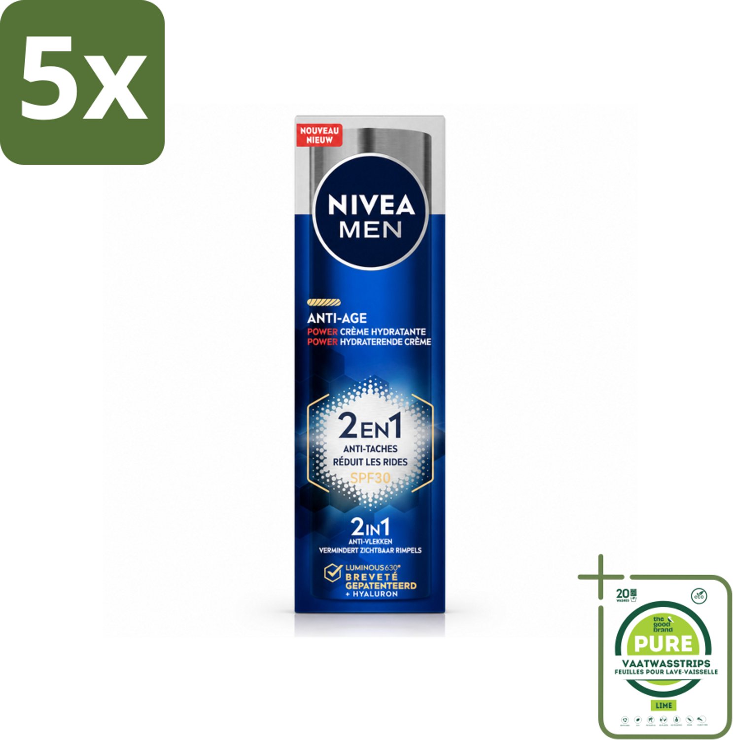 5 x NIVEA MEN - Anti-Age 2in1 Power - Hydraterende Crème Gezicht SPF 30 - 50 ml - Grootverpakking - Vaatwasstrips - Anti-ouderdom - Hydratatie - SPF 30 - Rimpels - Pigmentvlekken