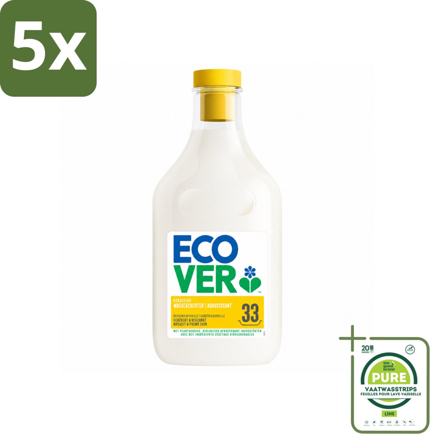 5 x Ecover - Wasverzachter - Gardenia - 1 liter - 33 wasbeurten - Grootverpakking - Vaatwasstrips - Wasverzachter - Wasverzachter Gardenia En Vanille - Wasverzachter Voor Kleding - Wasverzachter Voor Gevoelige Huid - Wasverzachter Biologisch