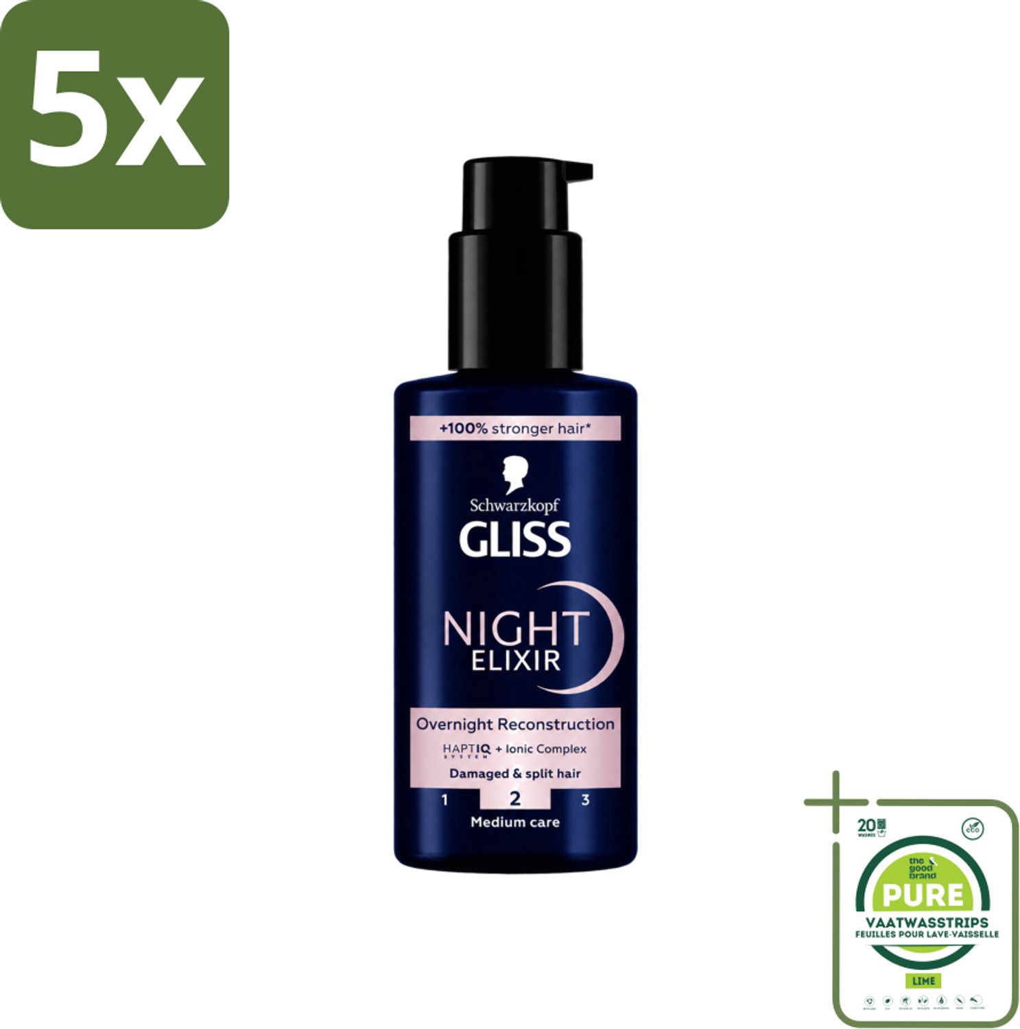 5 x Gliss - Haarserum - Night Elixer Overnight Reconstruction - Tegen Gespleten Haarpunten - 100 ml - Grootverpakking - Vaatwasstrips - Haarschade - Gespleten Haarpunten - Nachtserum - Haarherstel - Haarverzorging