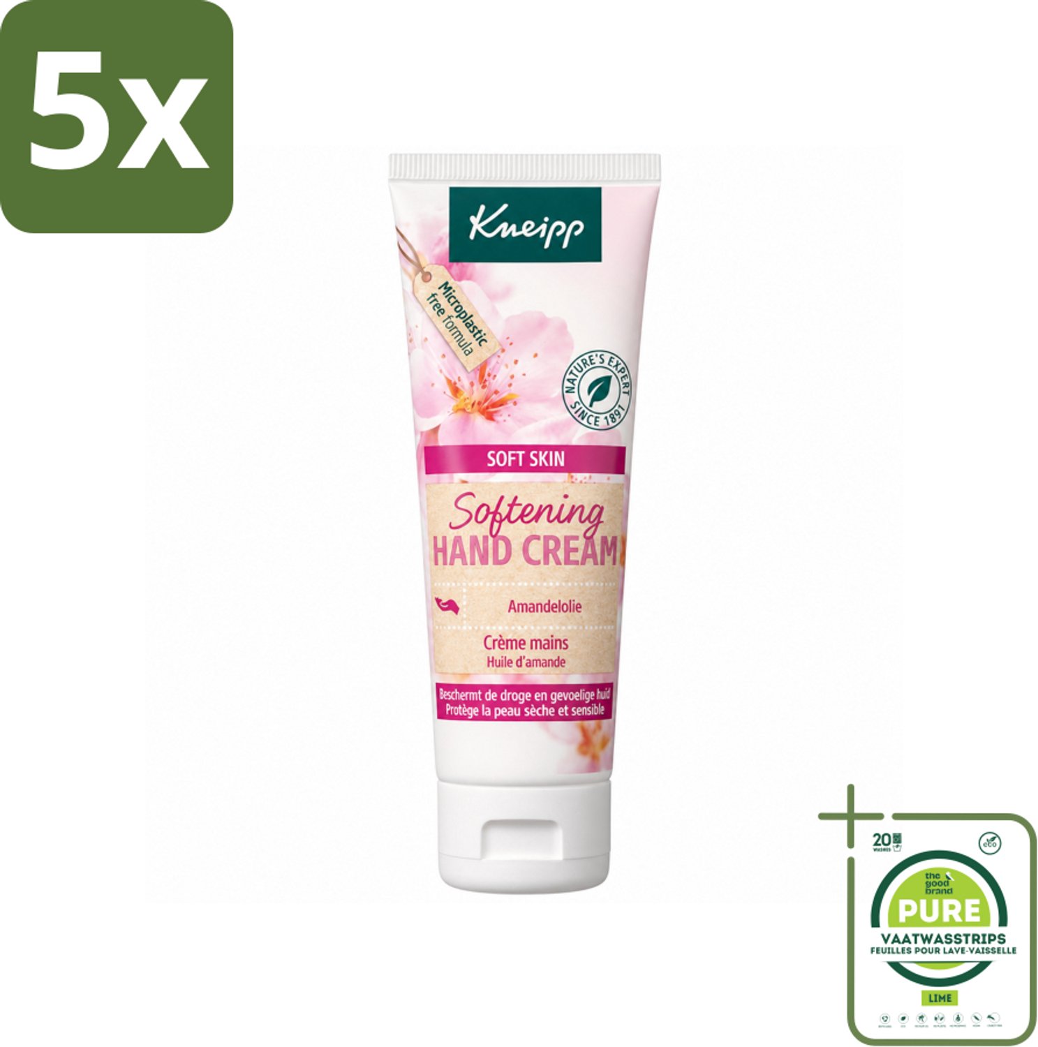 5 x Kneipp - Handcrème - Soft Skin - Amandelbloesem - 75 ml - Grootverpakking - Vaatwasstrips - Handcrème - Droge Handen - Gevoelige Handen - Natuurlijke Handcrème - Amandelolie