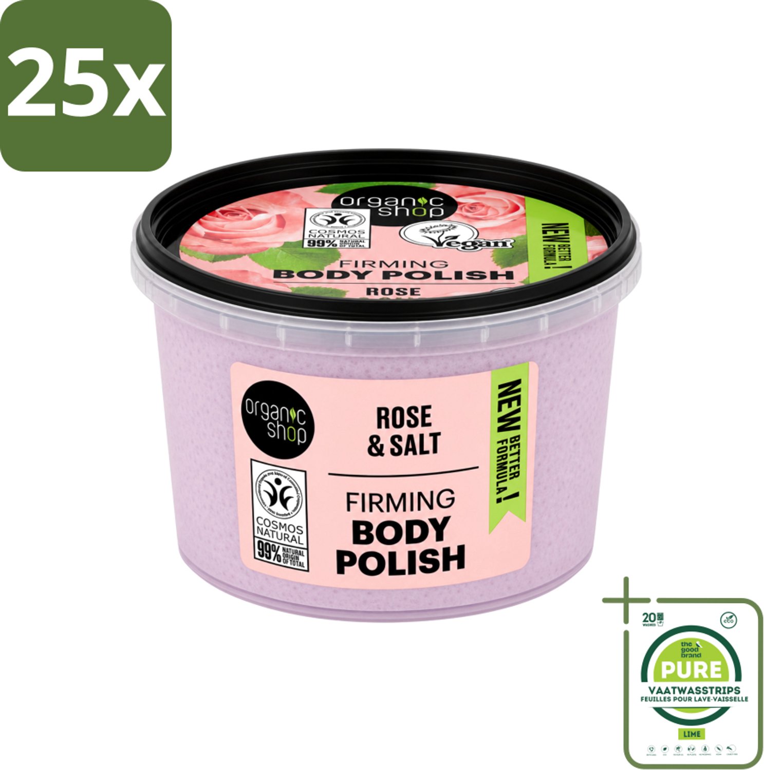 25 x Organic Shop - Body Scrub Rose - Hydraterend en Verzorgend - 250 ml - Grootverpakking - Vaatwasstrips - Bodyscrub - Huidverzorging - Exfoliëren - Amandelolie - Rietsuiker