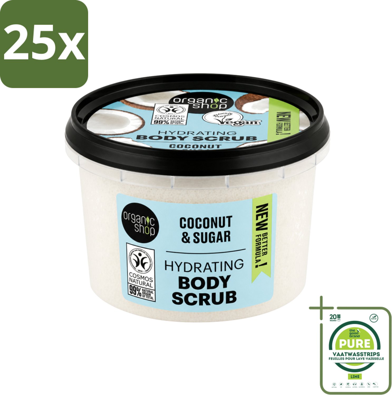 25 x Organic Shop - Hydrating Body Scrub Coconut - Diep Voedend - 250 ml - Grootverpakking - Vaatwasstrips - Hydratatie - Exfoliatie - Suikerscrub - Kokosolie - Natuurlijke Huidverzorging