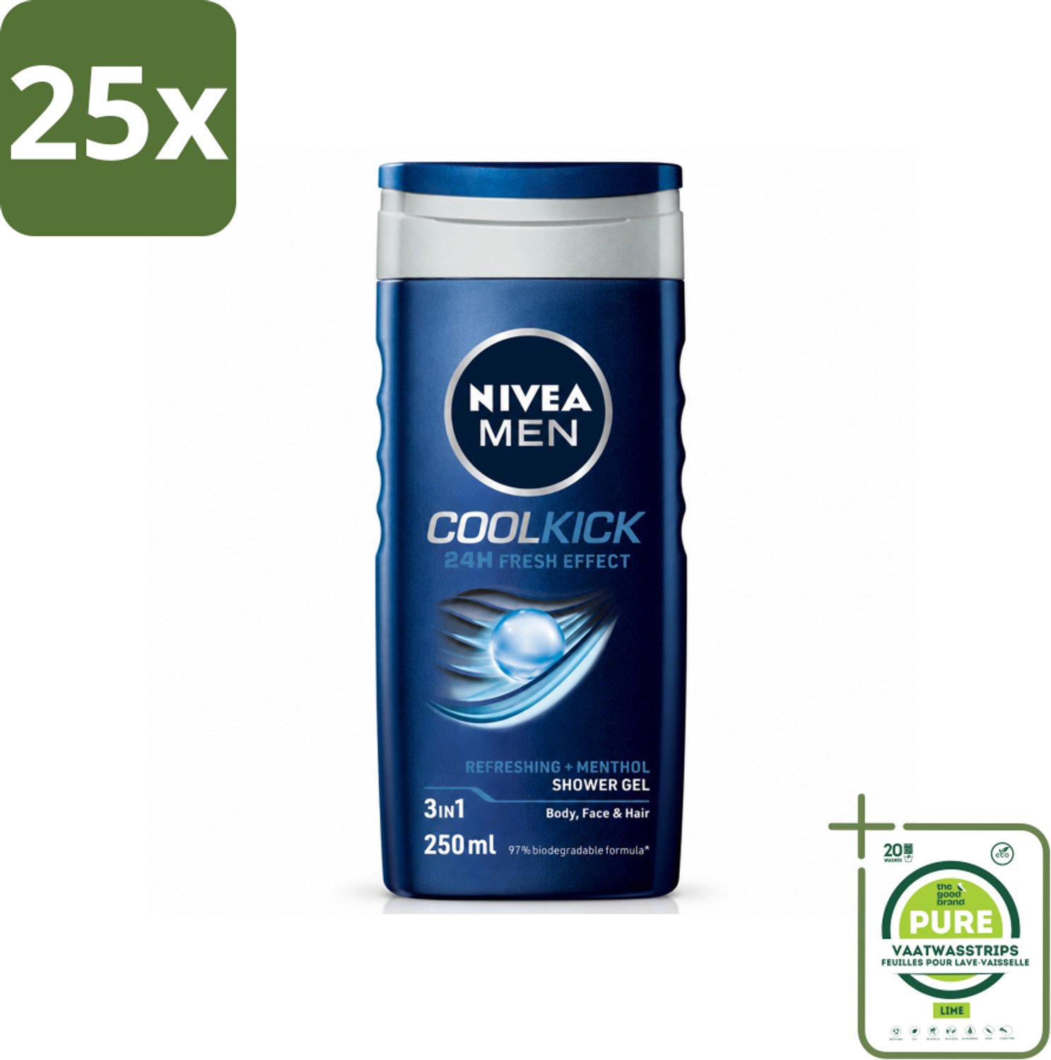 25 x NIVEA MEN - Douchegel - Cool Kick - 250 ml - Grootverpakking - Vaatwasstrips - Douchegel - Shampoo - Frisheid - Verkoeling - Mannelijke Geur