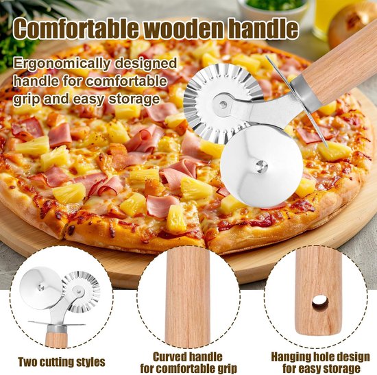 Deegsnijder & Ravioli Pers, Deegsnijder met Houten Handvat & Gecanneleerde Rand Roestvrij Staal Keukenbakgereedschap voor Ravioli Dumplings Lasagne Pizza Koekjes Taartdeeg — afbeelding 4