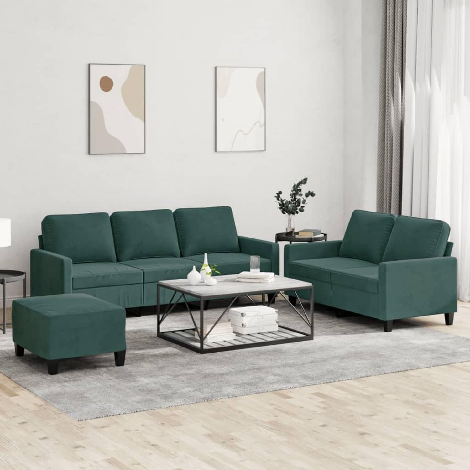 3-delige bankset met kussen, donkergroen fluweel en salontafel groene set voor woonkamer, comfortabel zitmeubel met zacht velours en robuust metalen frame, inclusief