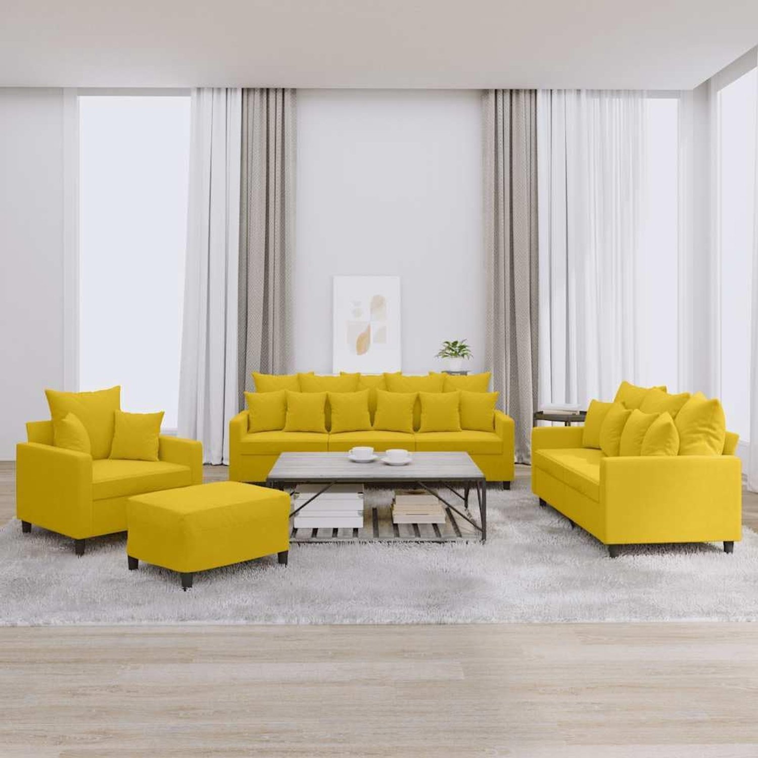 4-delige fluwelen sofa set met kussen in geel en praktische salontafel voor woonkamer en ontspanningsruimte