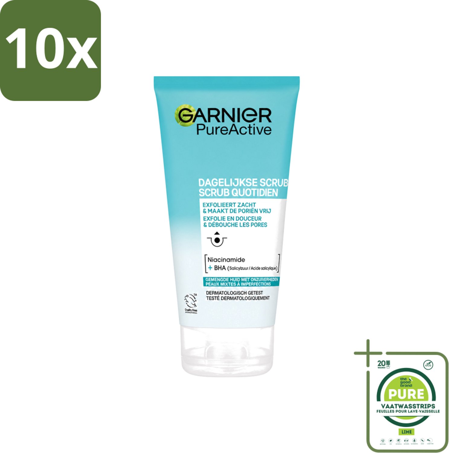 10 x Garnier - Pure Active - Dagelijkse Scrub - Niacinamide & BHA - Exfolieert & Reinigt Poriën - 150 ml - Grootverpakking - Vaatwasstrips - Exfoliatie - Reinigen - Poriën Reinigen - Mee-eters Verwijderen - Huid Reinigen