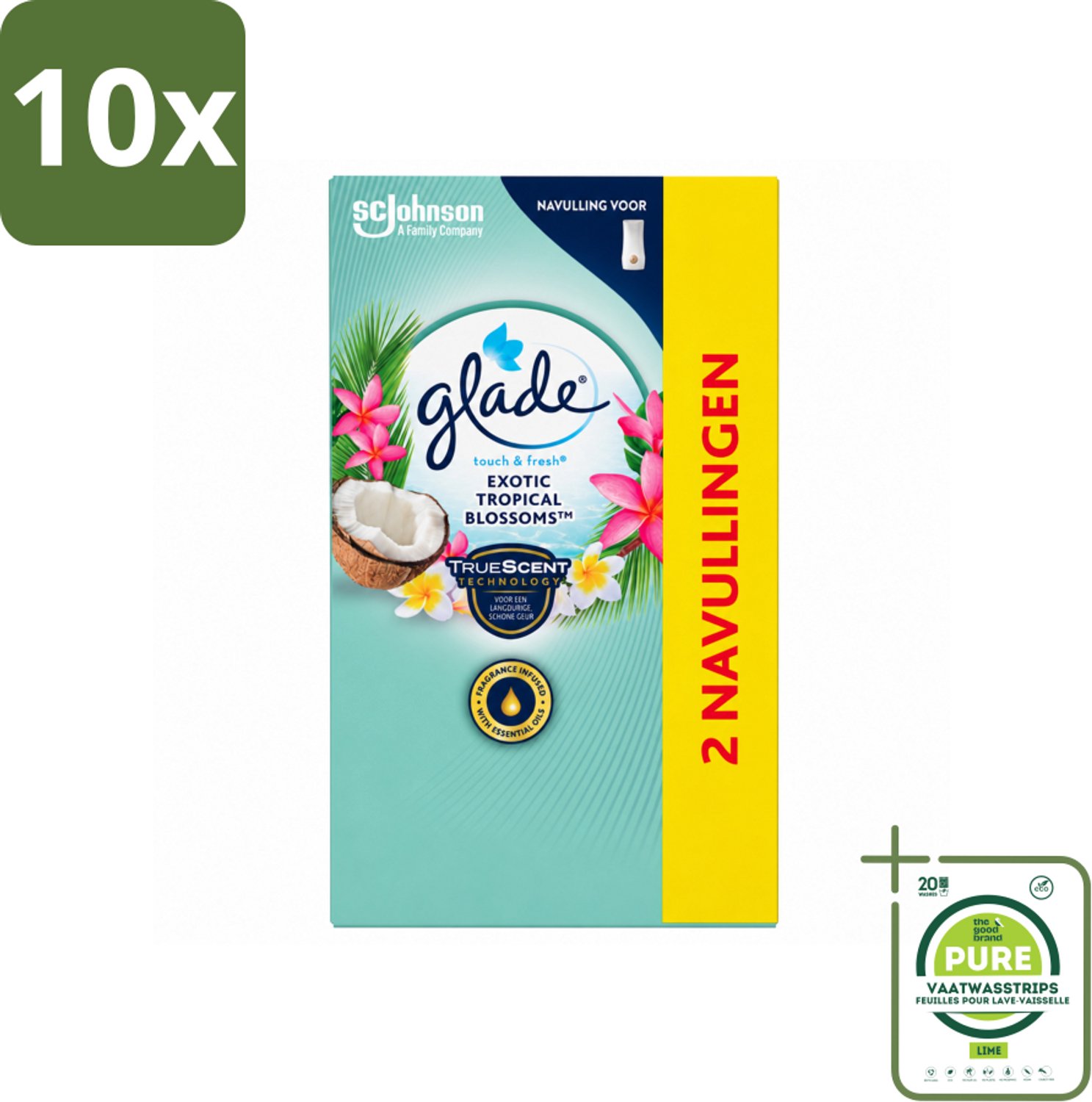 10 x Glade - Touch & Fresh - Exotic Tropical Blossoms - 2x 10 ml - Grootverpakking - Vaatwasstrips - Geur - Frisheid - Monoi Olie - Tropische Bloemen - Kokosmelk