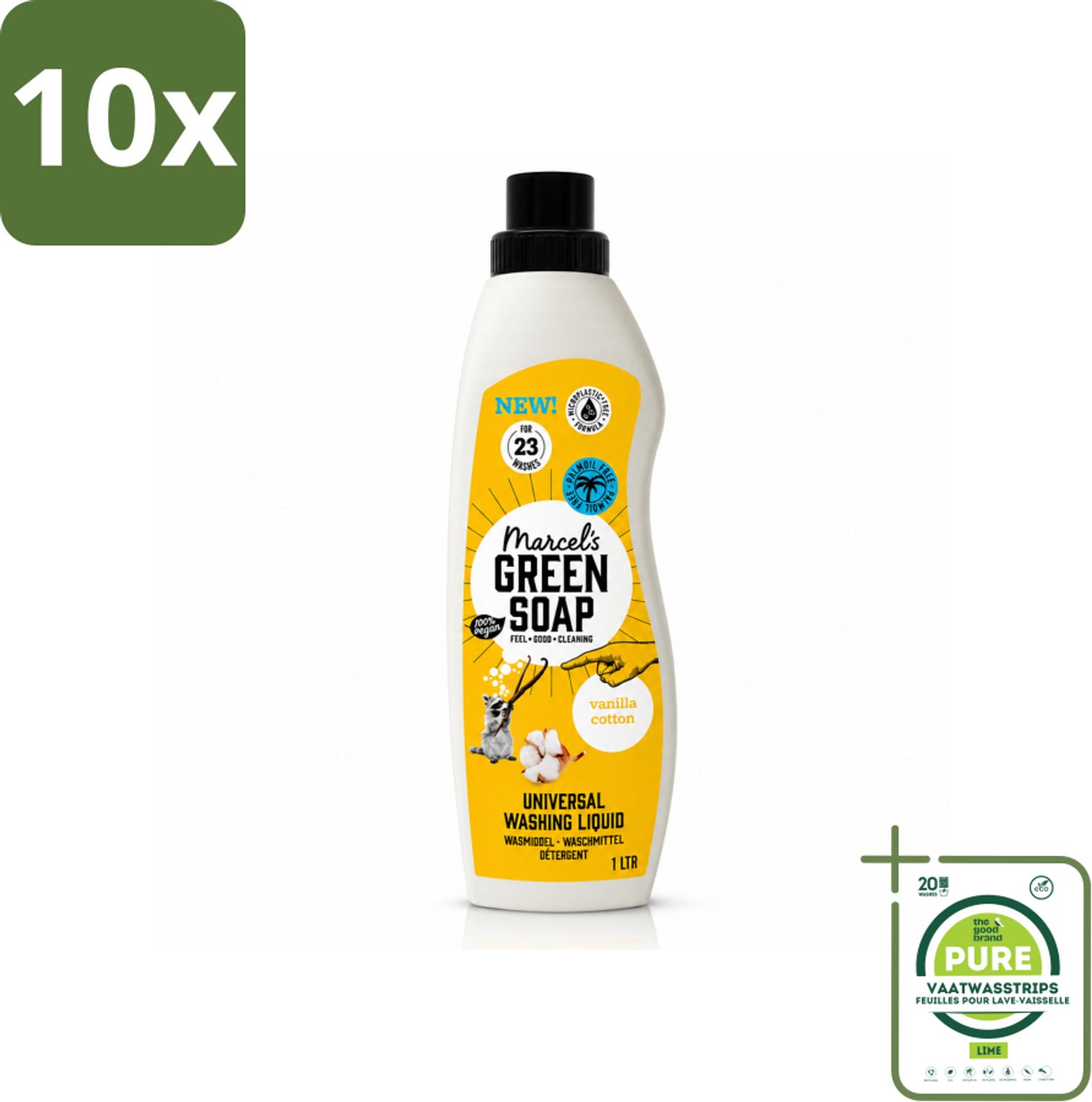 10 x Marcel's Green Soap - Vloeibaar Wasmiddel - Katoen & Vanille - Effectief & natuurlijk - 23 Wasbeurten - 1 Liter - Grootverpakking - Vaatwasstrips - Wasmiddel - Natuurlijke Zeep - Milieuvriendelijk - Katoen En Vanille - Schoon Wasgoed