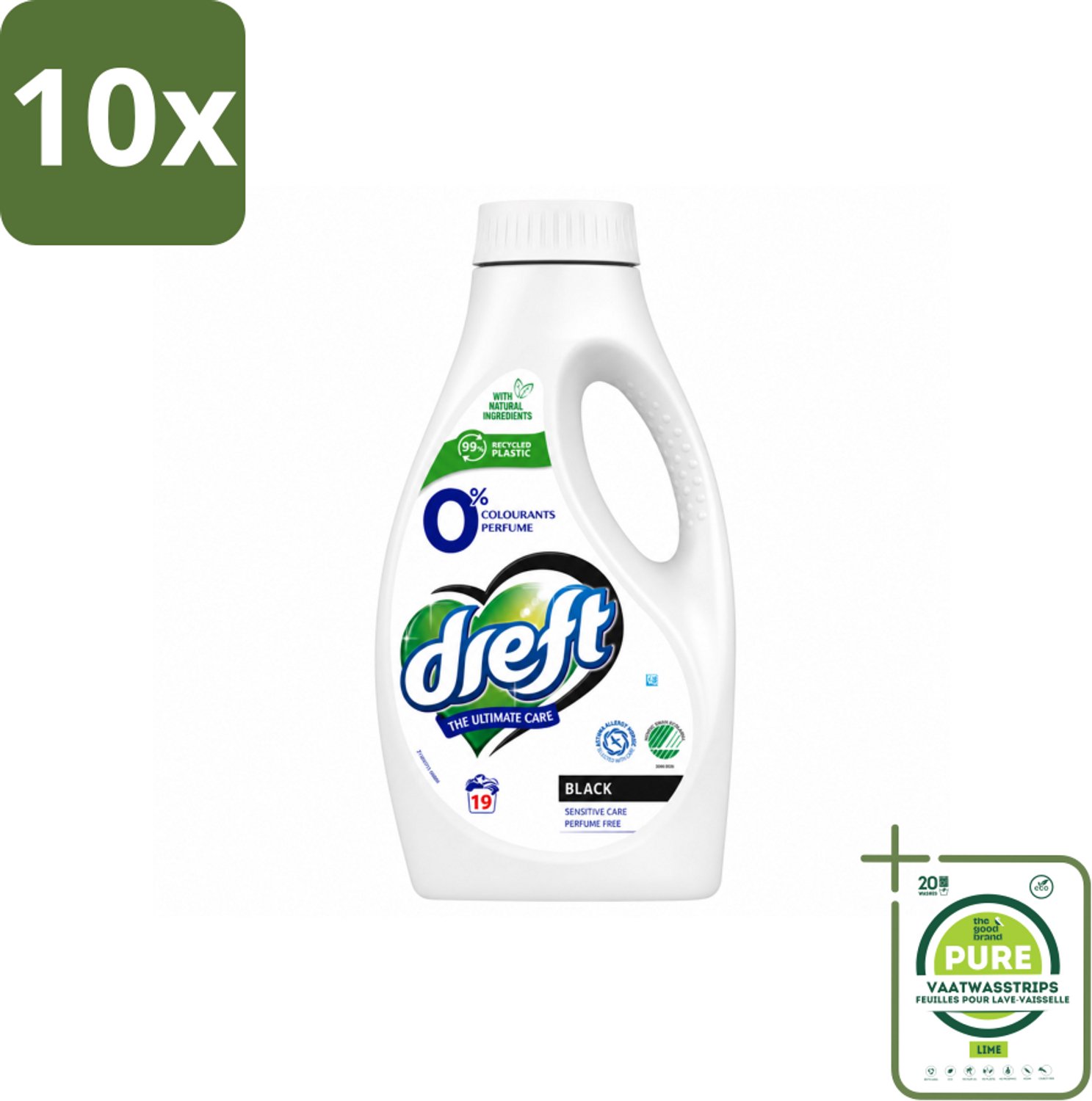 10 x Dreft - Vloeibaar Wasmiddel - 0% Donkere Was - Kleurbescherming - 19 Wasbeurten - Grootverpakking - Vaatwasstrips - Donkere Was - Huidgevoelig - Parfumvrij - Natuurlijke Wasmiddel - Milde Was