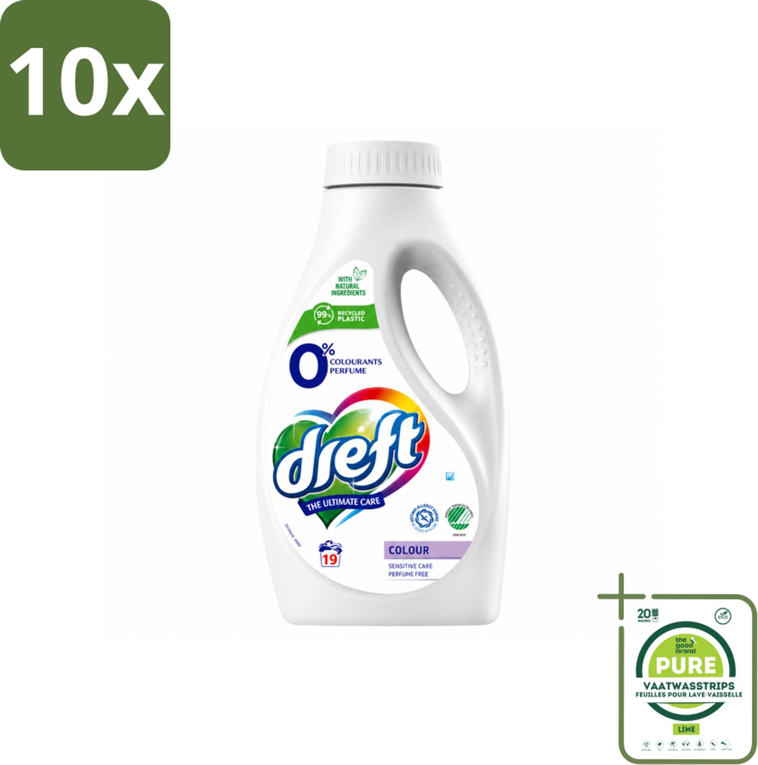 10 x Dreft - Vloeibaar Wasmiddel - 0% Gekleurde Was - Hypoallergeen - 19 Wasbeurten - Grootverpakking - Vaatwasstrips - 0% Parfum - Gevoelige Huid - Gekleurde Was - Natuurlijke Wasmiddel - Zachte Was