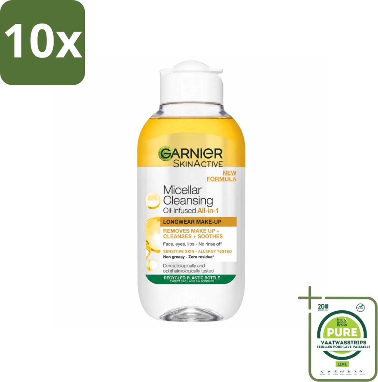 10 x Garnier - Micellair Reinigingswater - Olie - 100 ml - Grootverpakking - Vaatwasstrips - Make-up Verwijderen - Micellair Reinigingswater - Olie - Gezicht Reinigen - Gezicht Verzorgen