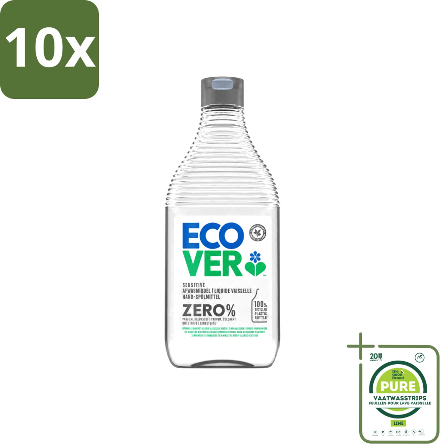 10 x Ecover - Afwasmiddel ZERO - Parfumvrij - 450 ml - Grootverpakking - Vaatwasstrips - Afwasmiddel Zonder Geur - Hypoallergeen Afwasmiddel - Plantaardig Afwasmiddel - Afwasmiddel Voor Gevoelige Huid - Eczeem Afwasmiddel