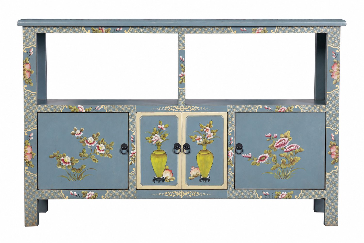 Fine Asianliving Chinees Dressoir Blauw Grijs Handbeschilderd B140xD33xH90cm Chinese Meubels Oosterse Kast Blauw, Grijs