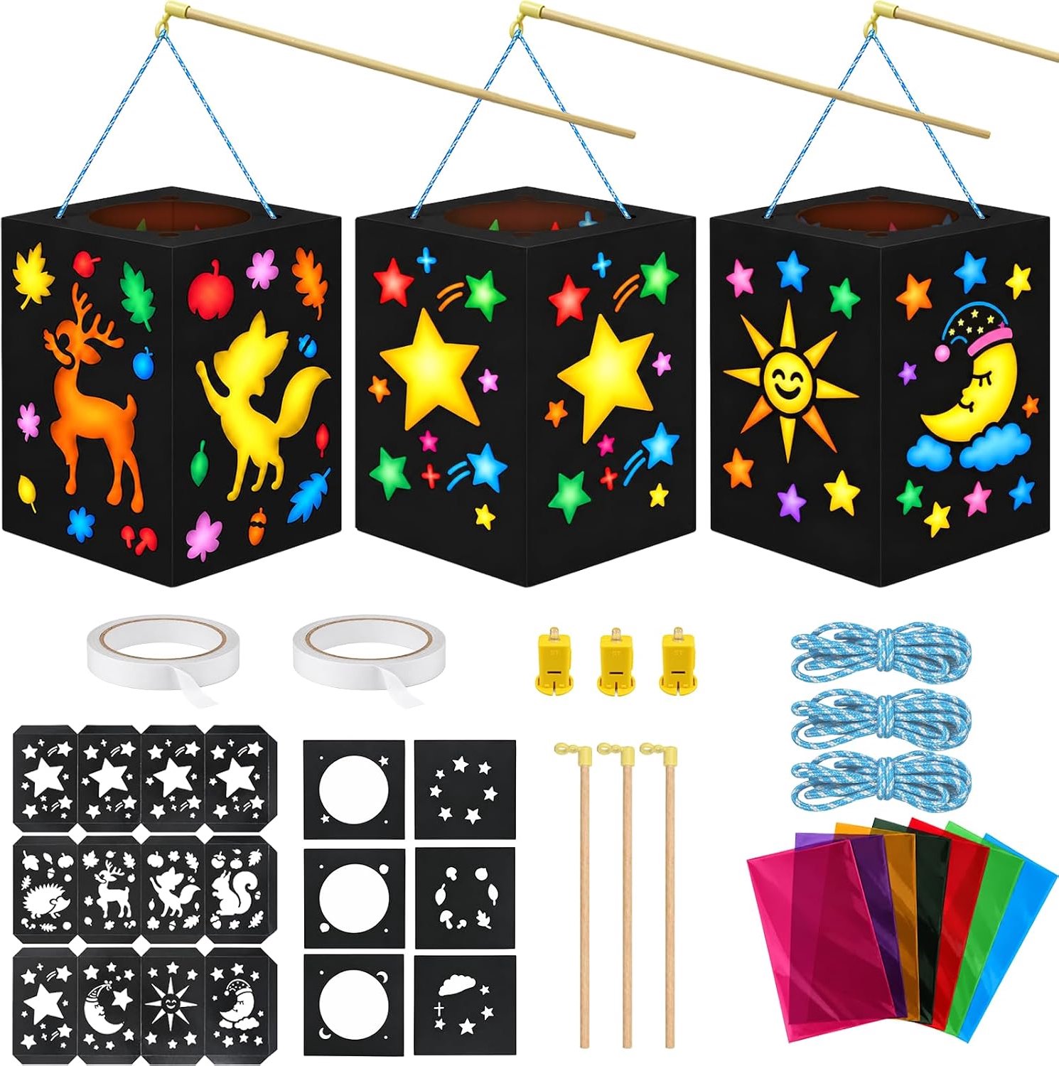 3 stuks lantaarns, knutselset voor kinderen, Sint Martin lantaarn, knutselen met ledlicht, sterren, zon, maan, motief, lantaarn kinderen, 14 x 20 cm, voor lantaarnverhuizing, cadeau voor jongens en