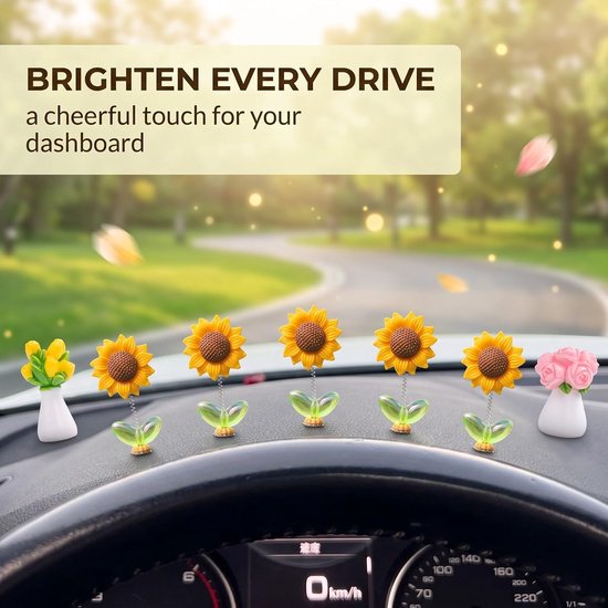 7 stuks autodecoratie met zonnebloemen en bloemen, auto-accessoires voor dashboard, ornamenten met beweegbare zwenkveer, inclusief stickers zonder markeringen — cadeau in Wonen & Interieur - foto 2