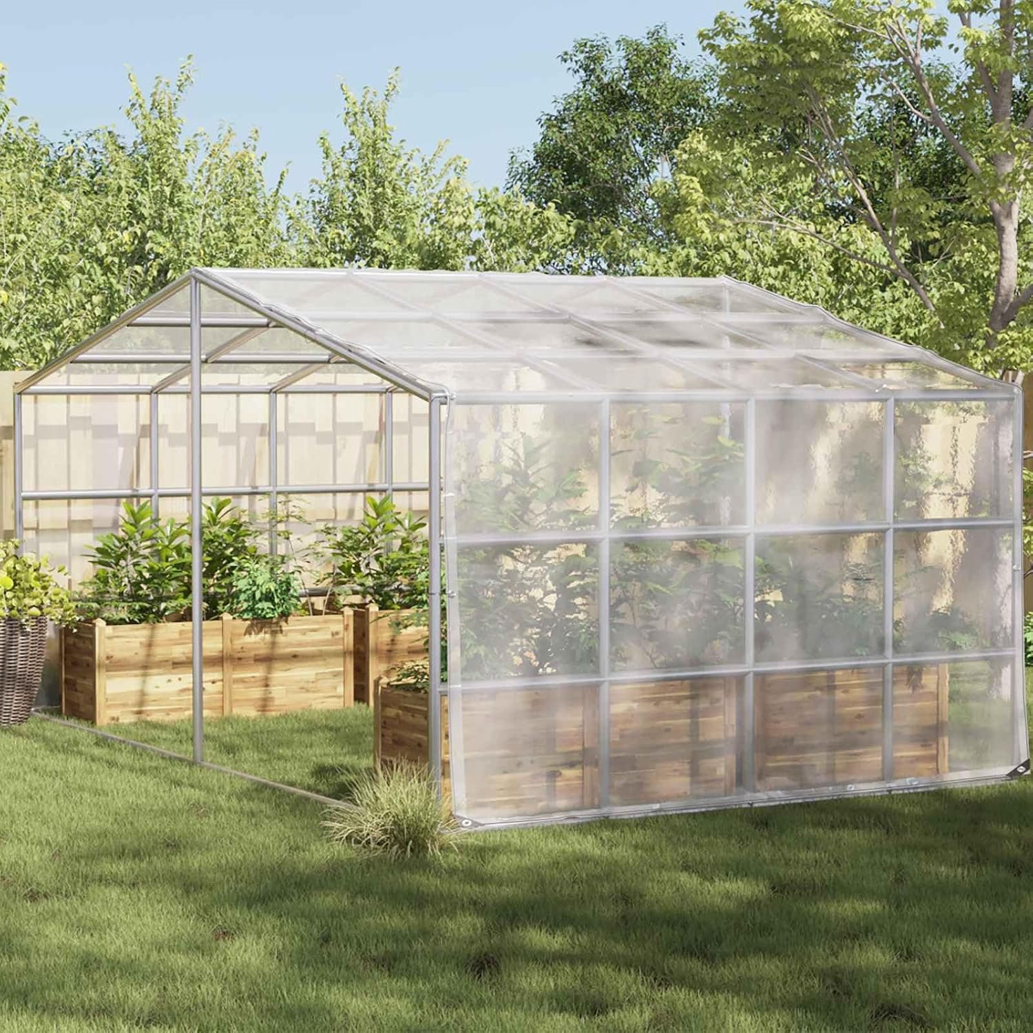 Transparant, 5 x 12 m, polyethyleen dekzeil voor tuin en terras, beschermzeil met aluminium ogen en versterkte randen