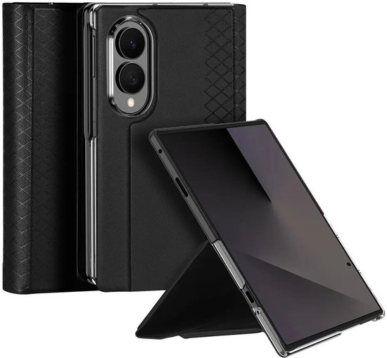 Zwart Samsung Z Fold 8 hoesje, gedeeltelijk geopend en in stand-modus.