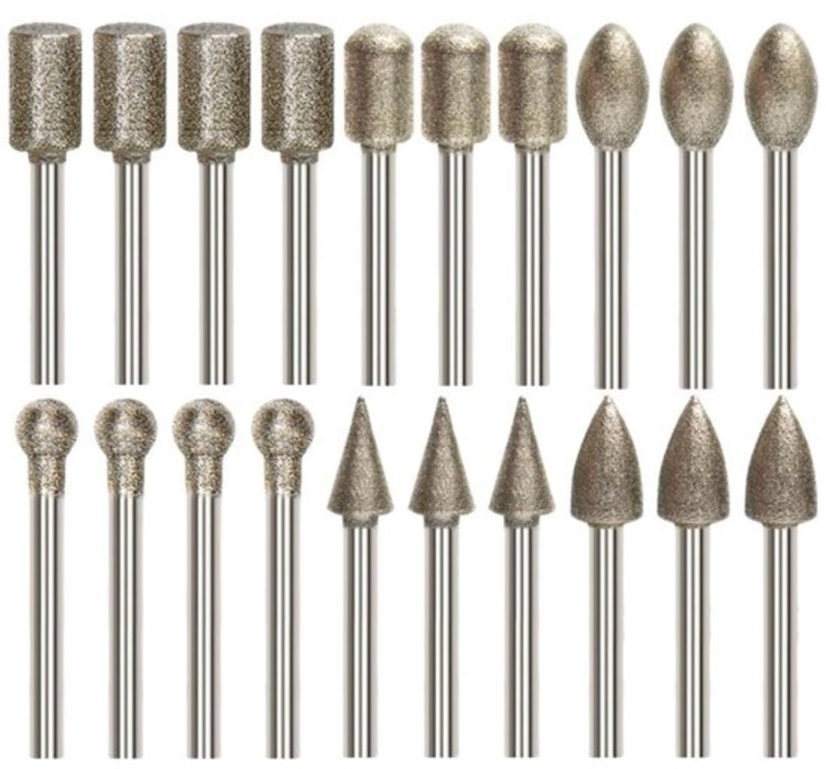 Set diamantfrezen - Slijpstiften - Voor detailbewerking - Hoge precisie - 20 stuks - Zilverkleurig