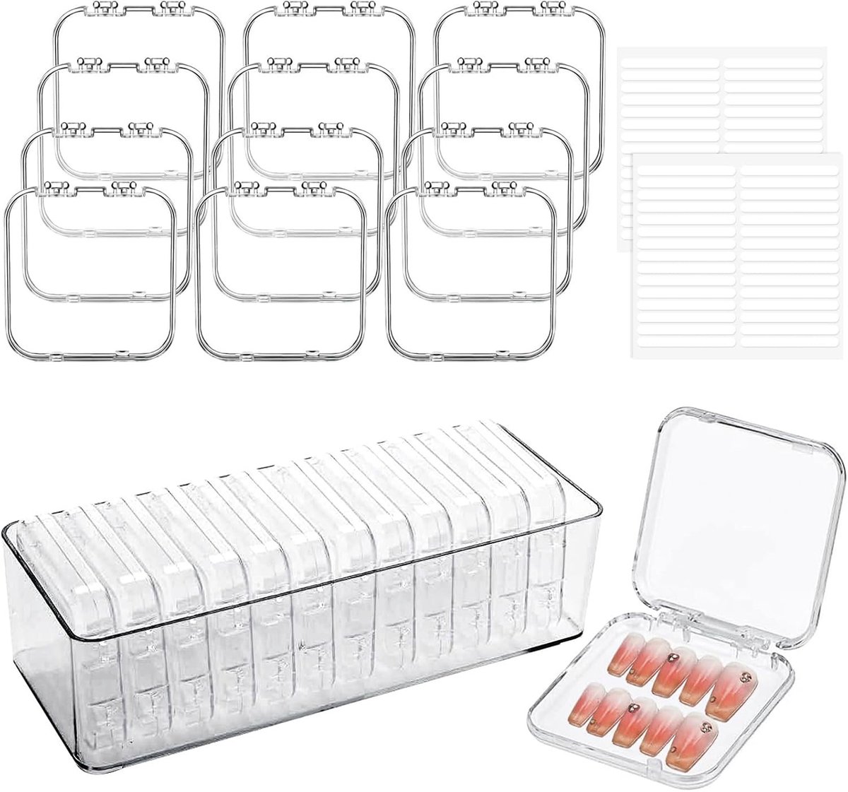 12 Stuks Nageltips Display Opbergdoos met 60 Dubbelzijdige Plakband en Grote Acryldoos voor Persnagels en Nagelkunst