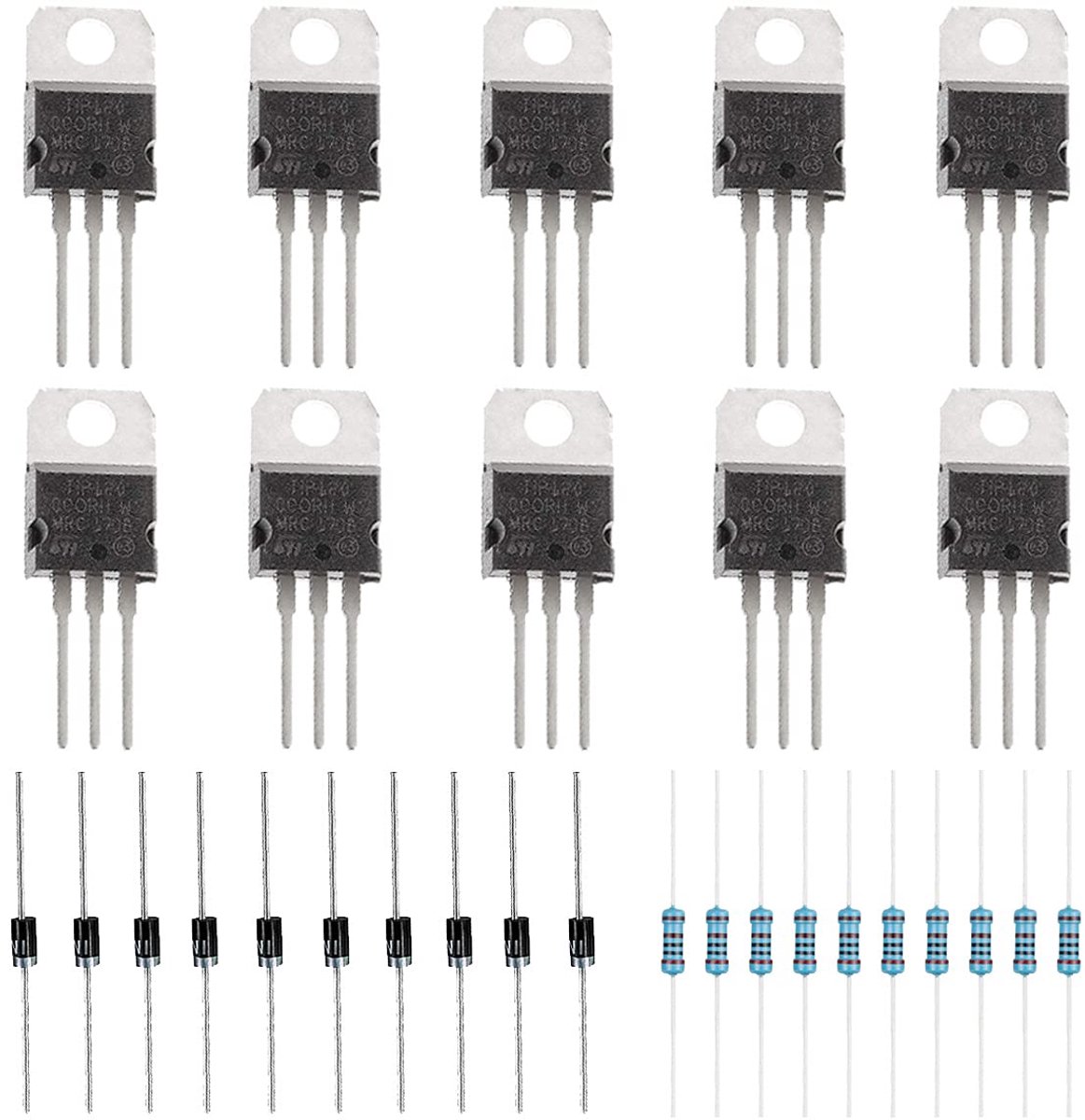 30pcs TIP120 60V 5A NPN Darlington Bipolar Power Transistor TO-220 3Pin For Arduino With 2.2k Ohm Resistors, 1N4001 - ShopVlot