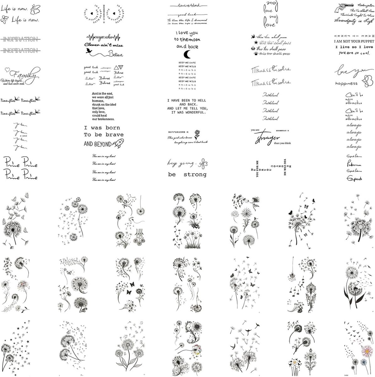 Tijdelijke tatoeages, 30 vellen inspirerende citaten woordtattoo, 21 vellen paardenbloem tatoeages, tijdelijke tatoeages voor mannen en vrouwen, feestjes en feesten