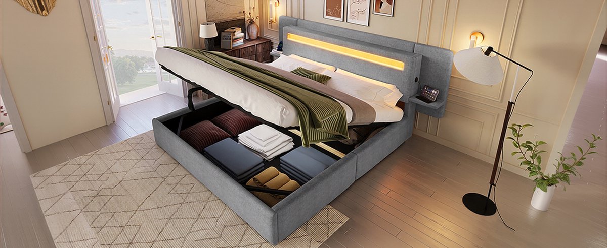 OKWISH Gestoffeerd Bed 180 x 200 cm - Hydraulische Opbergruimte Met LED-Verlichting En USB-Aansluiting - Zonder Matras - Grijs