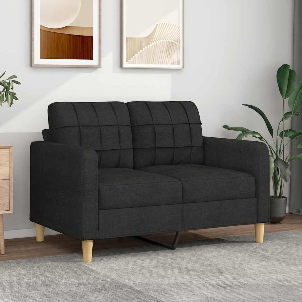 2-zitsbank, zwart, 120 cm, stof met robuust metalen frame en comfortabele bekleding, kleine zitgelegenheid voor woonkamer en lounge