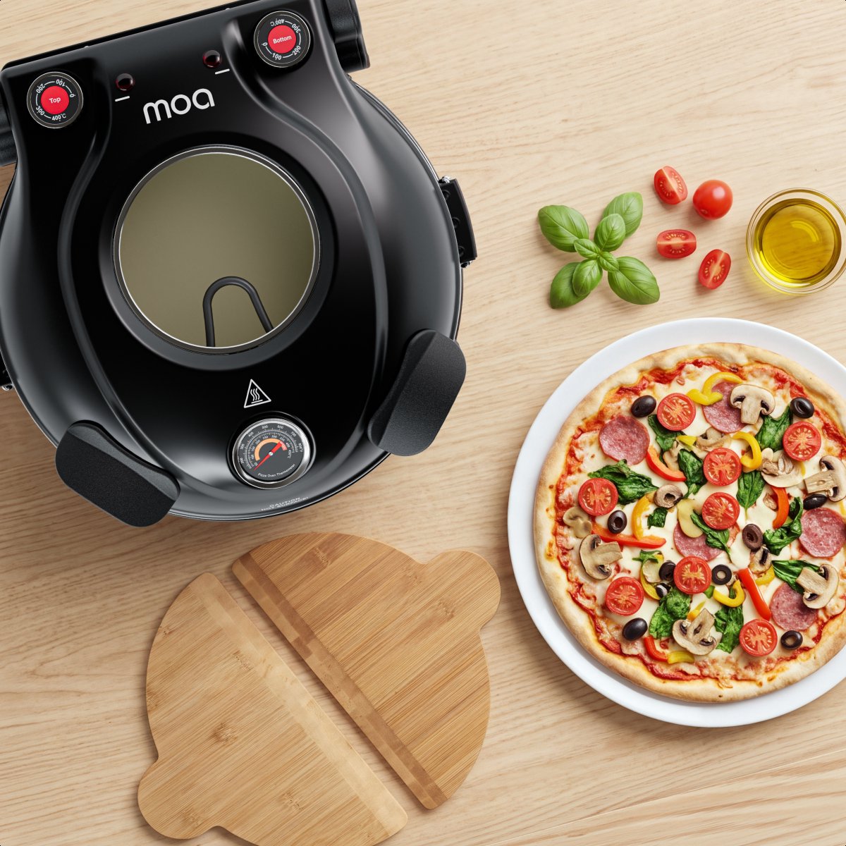 MOA Elektrische Pizzaoven - Tot 400°C - Boven- en Onderwarmte - Met Bamboeschep - Pizza Oven - 30,5 cm Pizzasteen - Zwart – foto 8