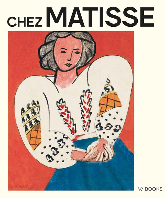 Schilderij van een vrouw met een wit kledingstuk met rode en zwarte versieringen op een rode achtergrond. Tekst 'CHEZ MATISSE'.