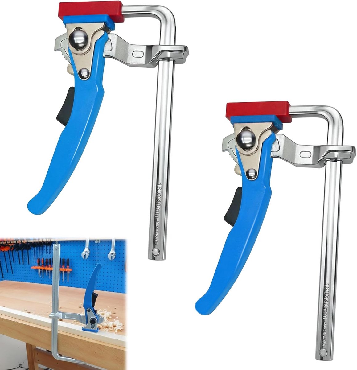 SnelShoppen - Screw Clamps Set - 2 Stuks Gidsrail Klemmen - Volledig Staal - 160 x 60 mm Capaciteit - Blauwe Tafel Klem voor Snijden en Schuren