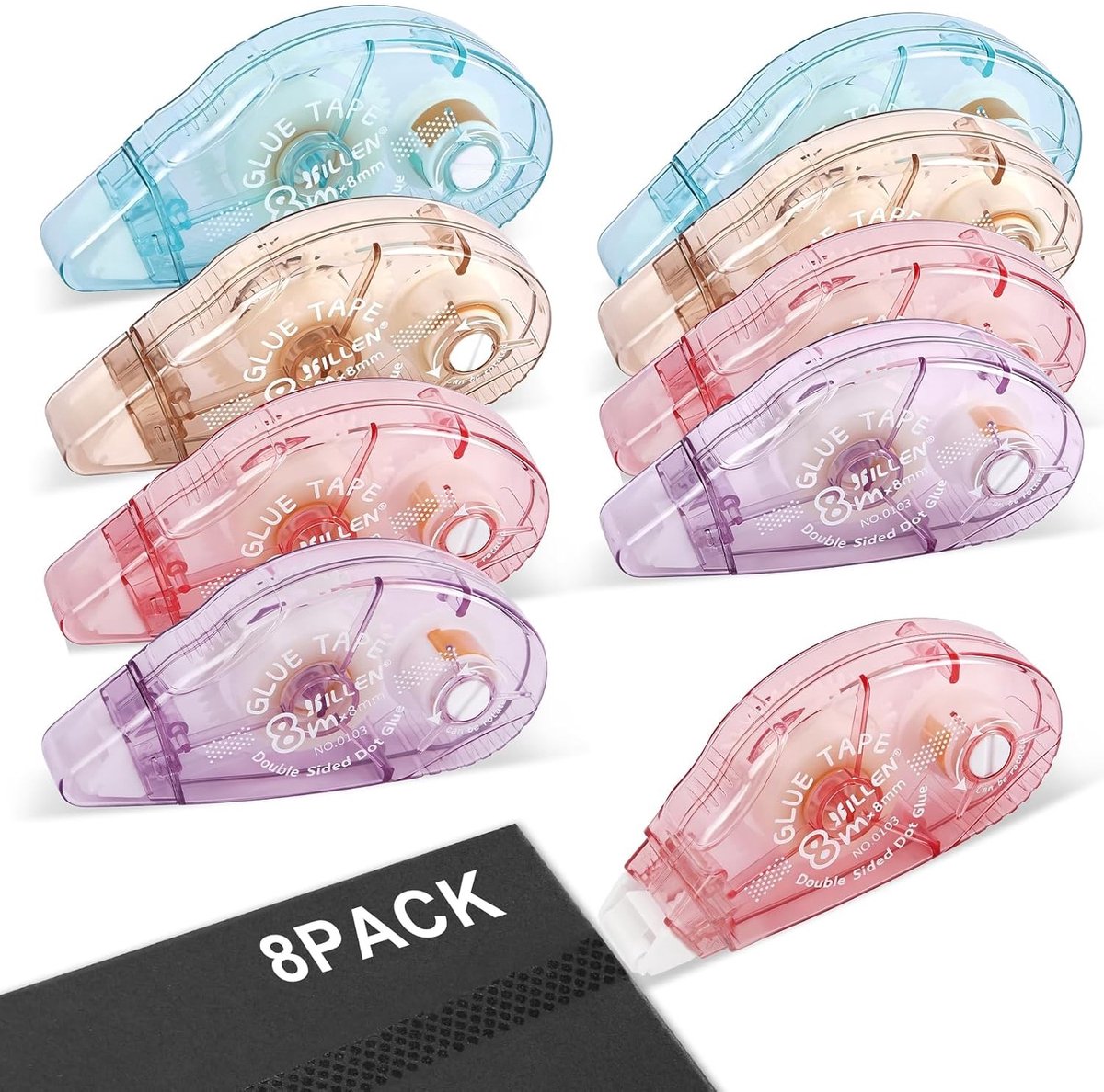 Set van 8 Dubbelzijdige Plakband Rollen - Sterk, Scheurbestendig en Ideaal voor Knutselen, Foto's en Scrapbooking (8mm)