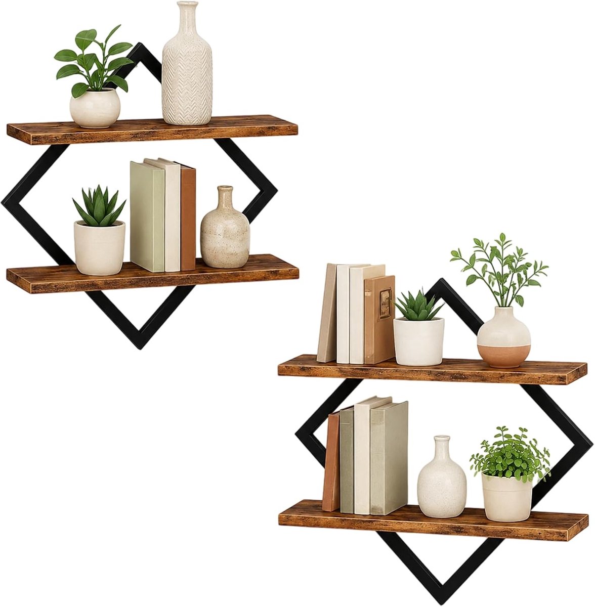 Zwevende planken, 2 niveaus, hangende decoratieve opbergrekken voor woonkamer, badkamer, keuken, kantoor, rustiek