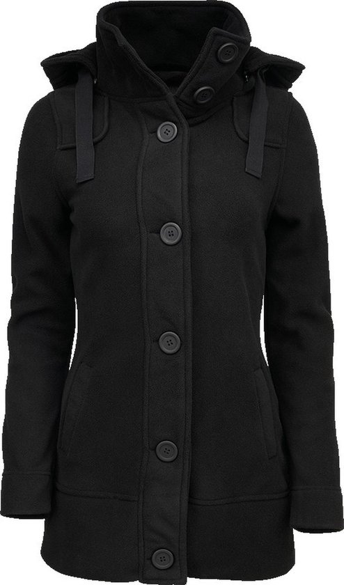 Zwarte fleece jas met capuchon, knopen en opgestikte zakken.