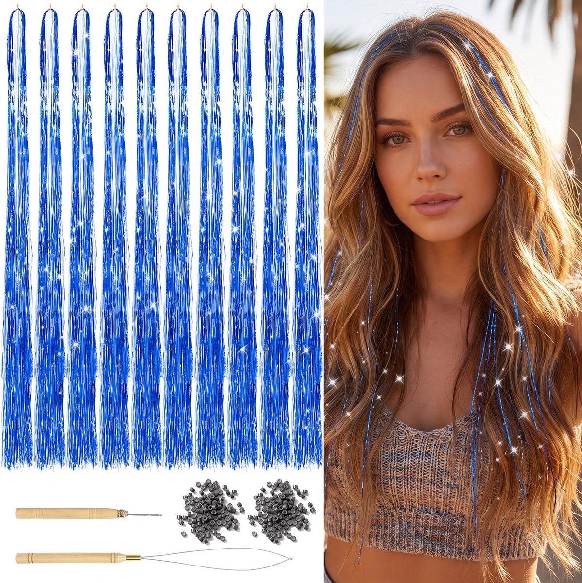 1800 Haar Glitzersträhnen, 120cm Konigsblau Haar Tinsel Set, Glitzer Feenhaar Extensions für Damen & Mädchen, Festival - ShopVlot