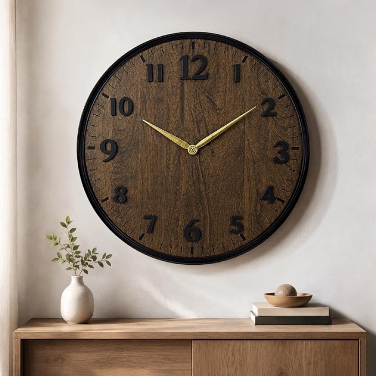 PromoHome 40 cm wandklok retro met stille quartz beweging, houtnerf wijzerplaat en 3D cijfers, werkt op batterijen