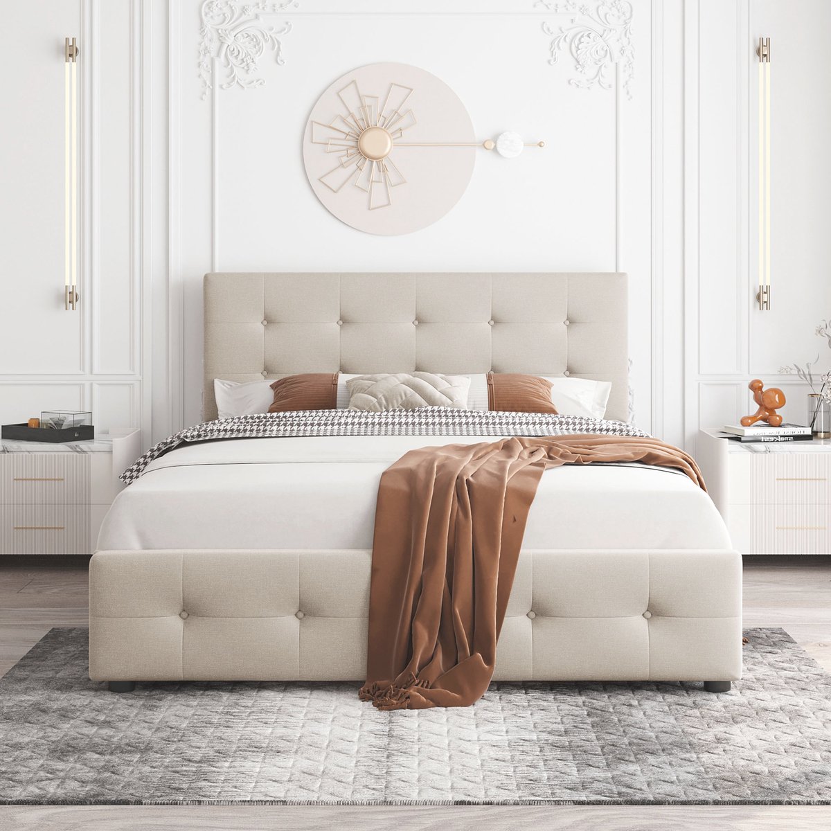 AURA LUMEN Gestoffeerd bed Twijfelaarbed 140 x 200 cm met opbergruimte en hoofdbord Beige