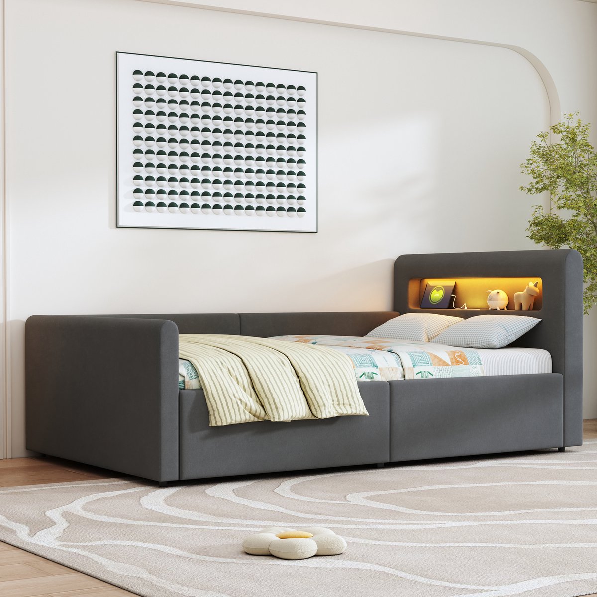 AURA LUMEN Gestoffeerd bed Eenpersoonsbed 90 x 200 cm met LED-nachtlicht-USB-oplaansluiting met hydraulische opbergruimte met hoofdbord donkergrijs
